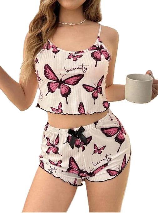 Women's Butterfly Print Pajama Set, Cami Crop Top with Shorts, 2 Piece Sleepwear-image-28