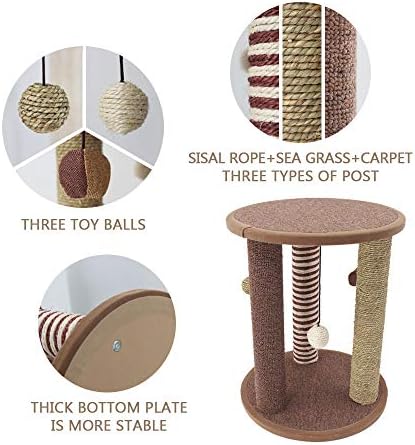 Cat Scratching Post Toy - Cat Tree with 3 Scratching Poles and Dangling Balls, Carpeted Base Play Area and Perch, Interactive Scratcher Toy for Kitten Cat