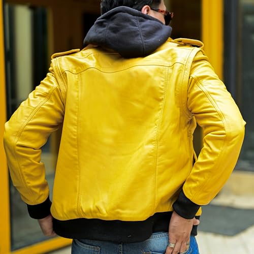 Image of Jild Hooded 2.0 Leather Jacket Men - Genuine Lambskin Leather Bomber Jacket with Removable Hood for Mens Fashion