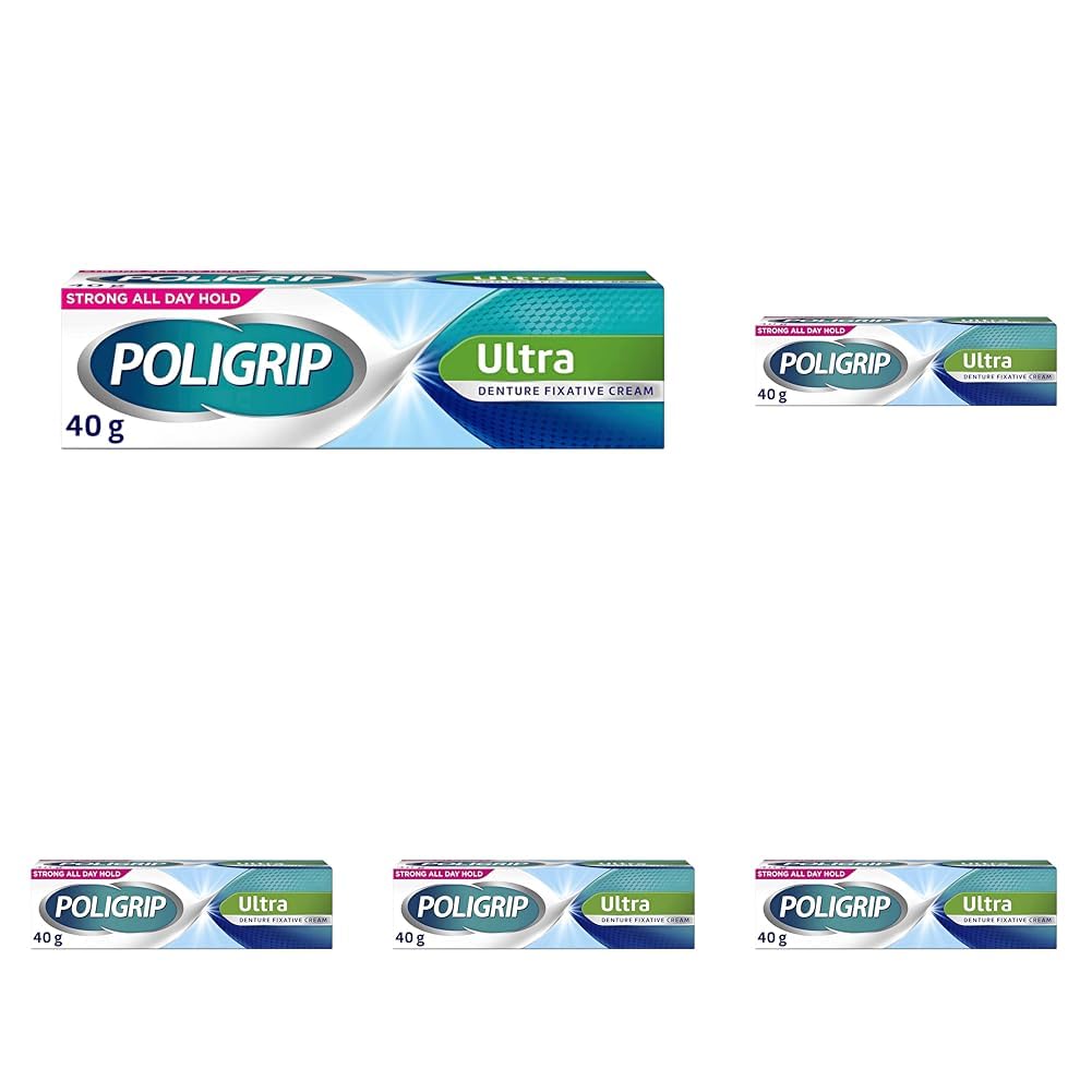 Poligrip Denture Adhesive Cream, False Teeth and Partials Fixative, Ultra, 40 g (Pack of 5)