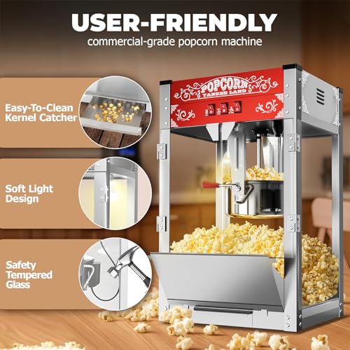 Image of 20 Oz Commercial Popcorn Machine, Movie Theater Popcorn Machine, Red Tabletop Pop corn Machine with 3-Switch Control & Steel Frame Tempered Glass Doors