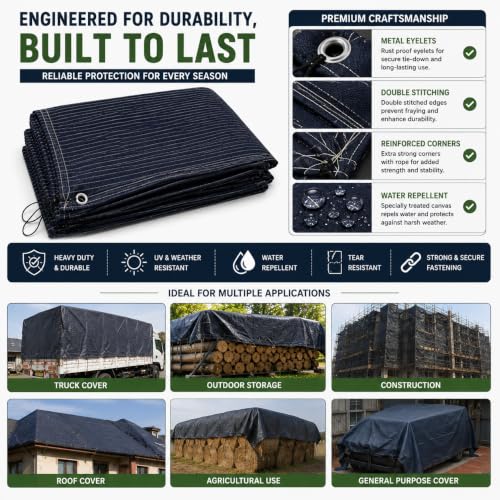 Image of 1200 GSM Heavy Duty Canvas Tarpaulin | 100% Waterproof Resistance, UV Resistant, Tear Proof Tarp with Reinforced Edges & Eyelets for Truck, Outdoor, Construction (Blue, 6 X 7.5 FT)