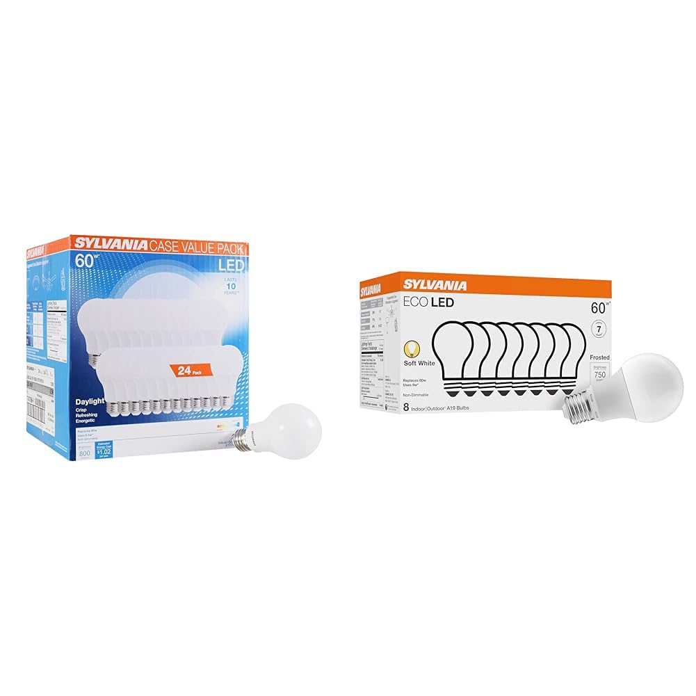 Sylvania LED A19 Light Bulb, 60W Equivalent, Efficient 8.5, 10 Year, W, 5000K, 800 Lumens, Frosted & Sylvania ECO LED Light Bulb, A19 60W Equivalent, Efficient 9W, 7 Year, 750 Lumens, 2700K
