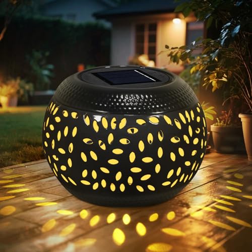 Solar Table Light Waterproof Outdoor & Indoor Lantern - Black Metal Retro Hollowed-Out Flickering Flame Tabletop Lights for Desk/Bedroom/Patio/Garden, Solar Powered Lamp Pathway Yard Garden Decor