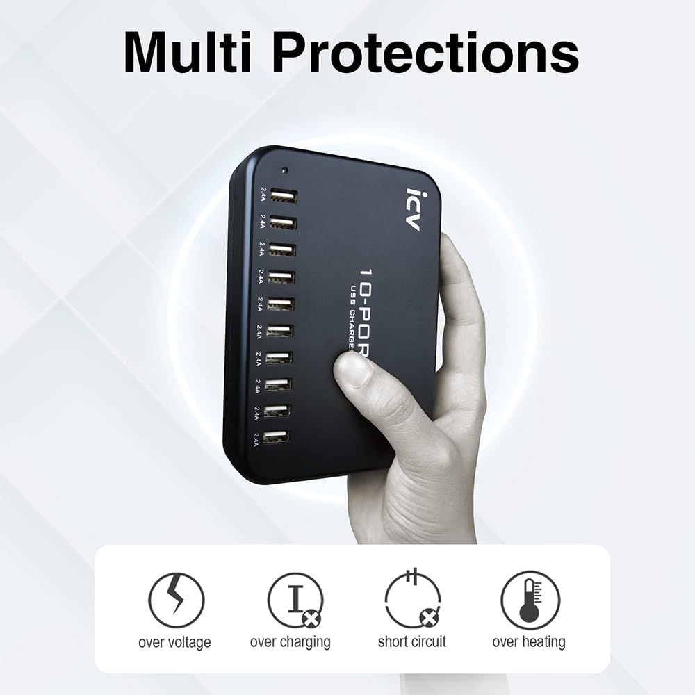 icv 120W USB Charging Station 10 Port Multi USB Desktop Charging Hub 5V 2.4A Wall Fast Charger for iPhone 14 13 12 11 Samsung Galaxy S21 S20, Black