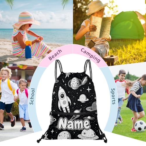 Space Rocket Planet Personalized Drawstring Bags with Name Custom Drawstring Backpack Sackpack for Women Men Cinch Bag Backpack Gifts for Sports Gym Beach 6