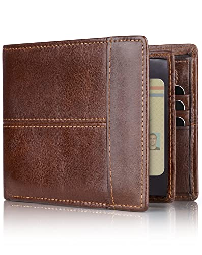 Image of Swallowmall Wallet for Men RFID Blocking Genuine Leather Mens Wallets Bifold with 1 ID Window 15 Card Slots coffee brown