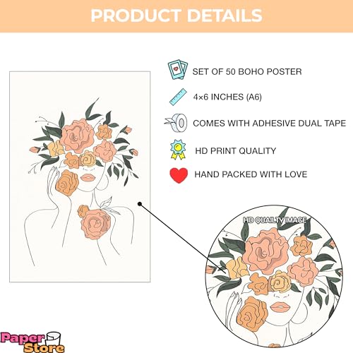 Image of Paper9store Pack Of 50 Aesthetic Wall Collage Kit - 4?6 Inches Self Adhesive Wall Posters For Bedroom, Living Room, Office A6 Size (Pastel boho)