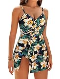 GRACE KARIN Women Vintage Tummy Control One Piece Tankini Swimsuits Swimdress Push up Swimwear Bathing Suits Black&Yellow Floral XL