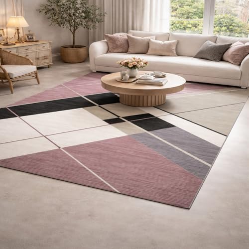 Tapis de salon 120x180cm rose moderne tapis de chambre lavable et tapis de cuisine géométrique - 2