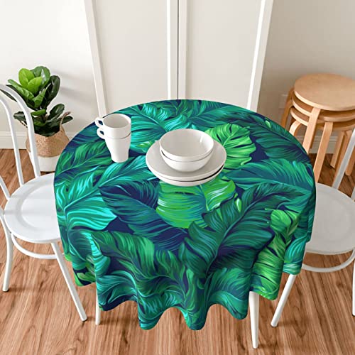Tropical Hawaiian Leaves Turquoise Leaf Summer Waterproof Picnic Patio Party Round Table Cloth Cover Decorations Fabric 60 Inch Circular Tablecloth For 20-47 Inch Home Dining Room Kitchen Decor #TOP2