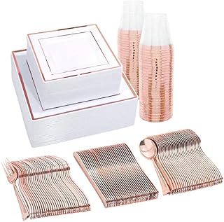 Square Rose Gold Dishes Plates Cups Cutlery for 25 on Special Occasions, 150 Pieces of Reusable Plastic Dinnerware for Dinners, Birthdays, Mothers Day, Parties, Weddings, Easter, Summer Celebrations