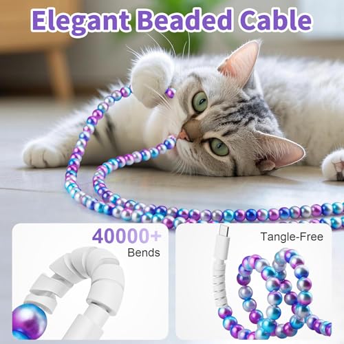 Image of VOFUOE USB C Cable for iPhone 16 Beaded Charging Cord Fast Charging Cable for Girls Women 3.3FT Colourful Pearls Type C Cable for iPhone 15, for iPad A16 11th, for Galaxy S25- Purple Blue Gradient