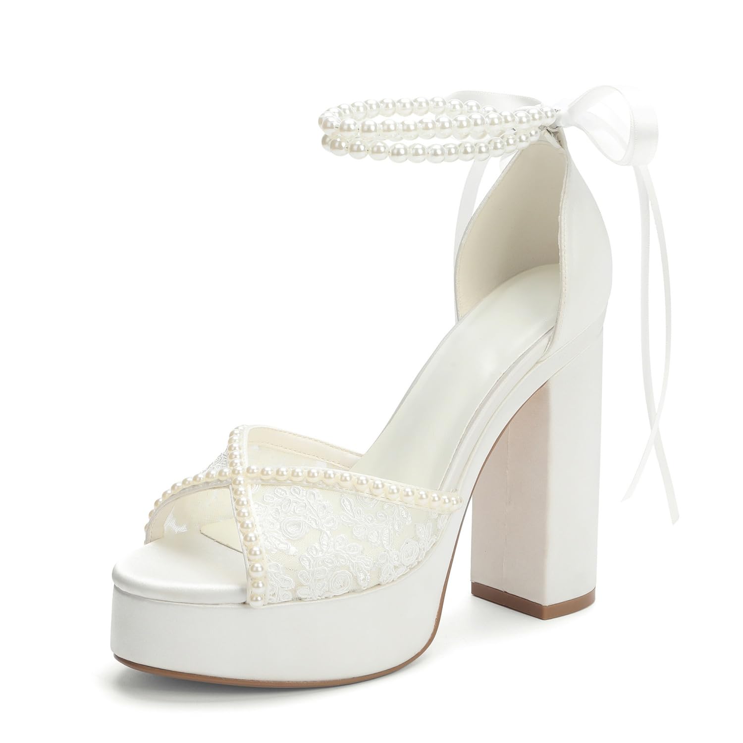 YWXYMGE Lace Wedding Shoes for Bride Platform Heels Bridal Shoes Pearl Heels Wedding Sandals