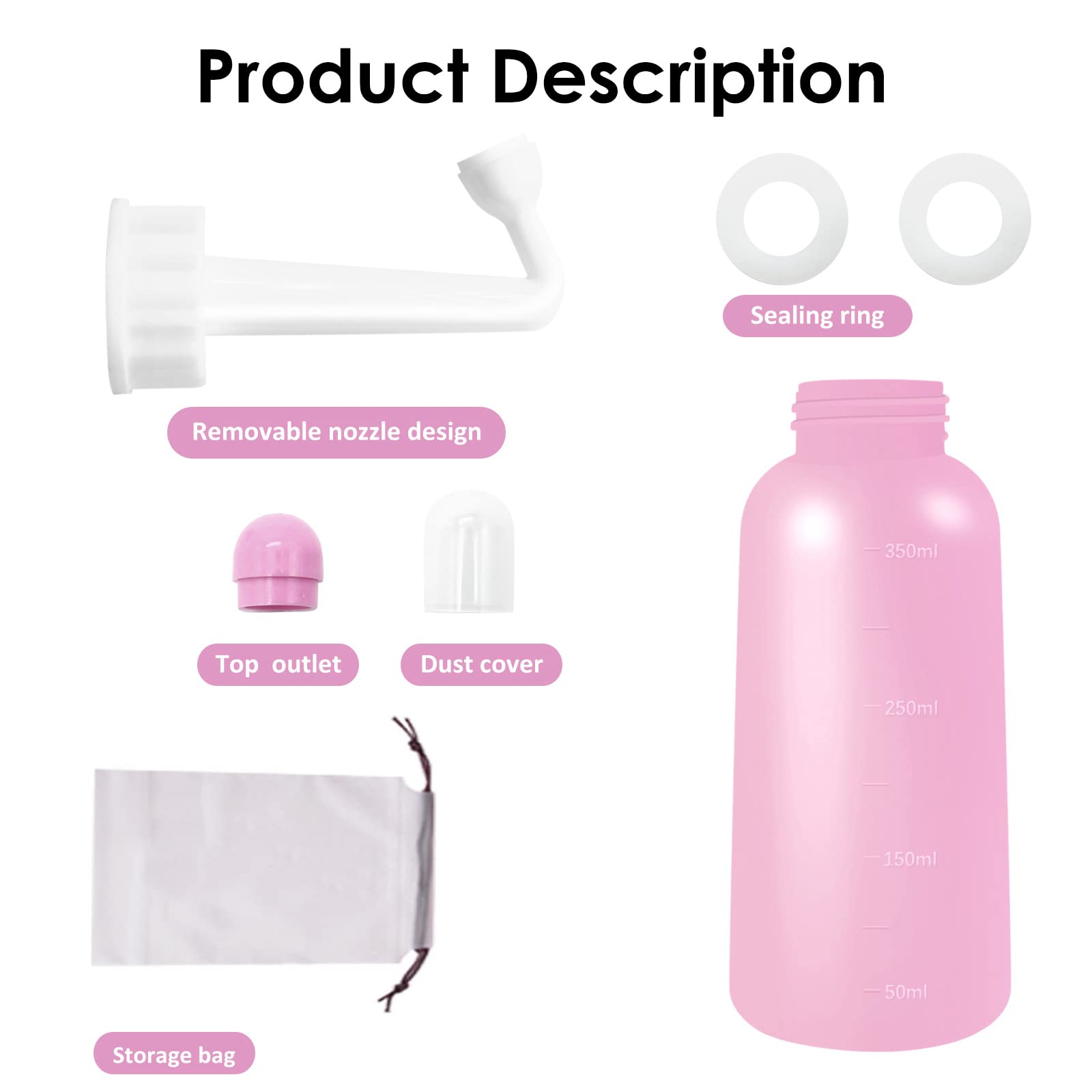 RUFCRIL Mini Peri Bottle, 350ml Portable Travel Bidet with Extra Ring and Carry Bag, TPE Material for High Temperature Resistance, Essentials for Postpartum Perineal Care,Hemorrhoid Treatment, Pink