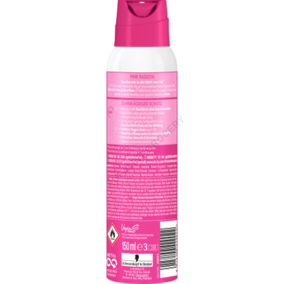 Deospray Pink Passion pinke Rose 48h Deo-Schutz ohne Aluminiumsalze 150 Mililiter x 10 STÜCK mit Pufai Grocery