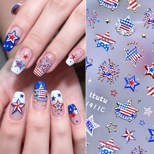 Image of Star Nail Stickers Independence Day Nail Art Stickers Firework Nail Decals for Nails Art 5D Embossed with Red Blue Design Nails Charms Supply for Women 4th of July Manicure Decoration Accessories