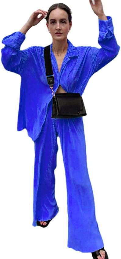 Womens 2 Pieces Outfits Ribbed Long Sleeves Loose Casual Top Wide Leg Pants Set