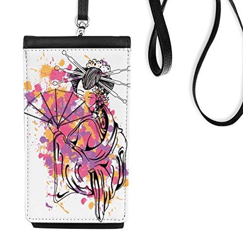 Faux téléphone intelligent en cuir pochette suspendue au motif geisha