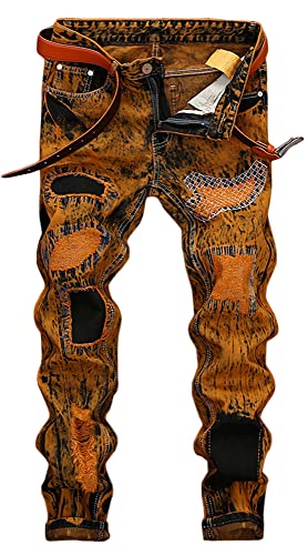 Mens Straight Slim Fit Ripped Distressed Jeans Pants Golden 30