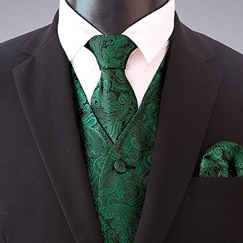 Alizeal Mens Paisley Suit Vest, Self-Tied Bow Tie, 3.35Inch(8.5Cm) Necktie And Pocket Square Set, Dark Green-L #TOP2
