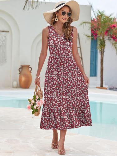 Image of AUSELILY Womens Summer Maxi Dress Casual Sleeveless V Neck Floral Dresses | A line shape with practical side pockets, Vacation dress for resort walks, Pair with low heels and simple jewelry