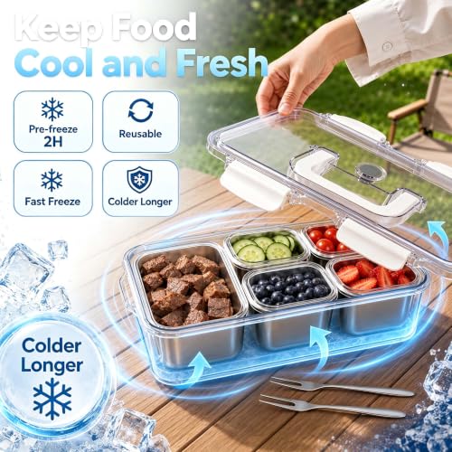 Stainless Steel Snackle Box Container with Ice Pack-304 Stainless Steel Divided Serving Tray & 2 Forks,Dishwasher Safe 5 Compartment Platter Box with Lid and Handle for Beach,Road Trip,Party — view 3