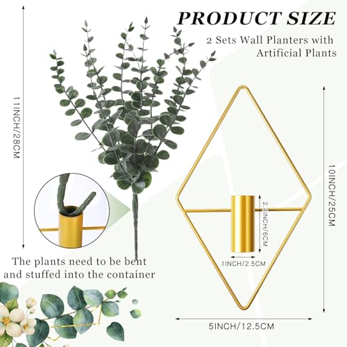 Image of Jexine 4 Pcs Hanging Planters with Artificial Eucalyptus Metal Hanging Vase Indoor Plants Holder Modern Geometric Boho Bathroom Wall Decor for Living Room Home Office (Eucalyptus,Gold)