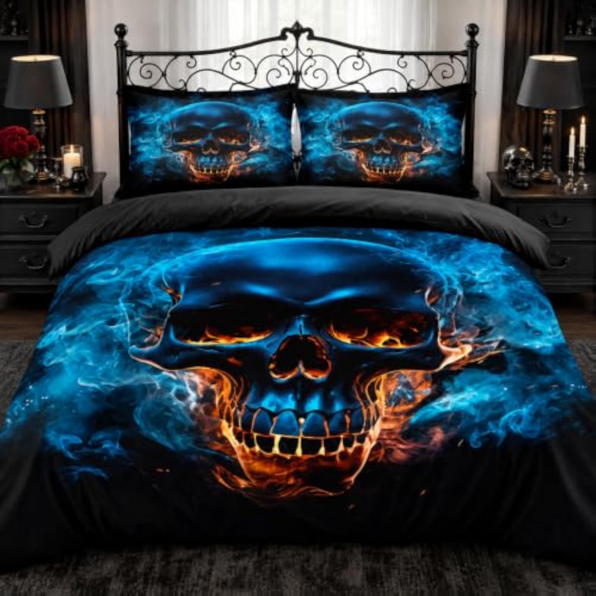Blue Color Skull Duvet Cover Set Queen Size Gothic Comforter Cover