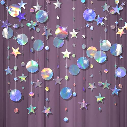 Coicok 65 Ft Hängenden Papier Girlande Holographisch Regenbogen, 5 Stück 4M Hängenden Rund und Stern Papier, Bunt Glitzer Garland für Silvester Deko Party Deko Weihnachten Geburtstag Hochzeitsdeko