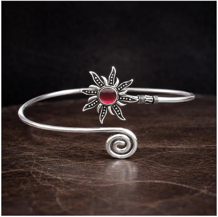Silver Sunburst Arm Cuff, Garnet Stone Boho Upper Arm Bracelet, Spiral Arm Cuff, Gemstone Armlet, Sun Bohemian Jewelry Gift