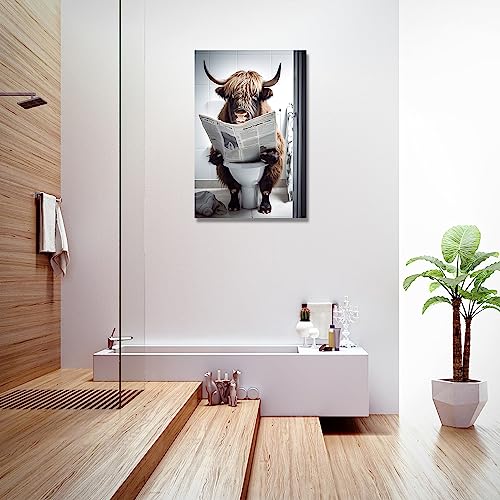 LZIMU Bathroom Highland Cow Wall Art Brown Cattle Sitting on Toilet Reading Newspaper Canvas Prints Funny Animals Posters Home Decor Framed (Bathroom-3 - Image 4