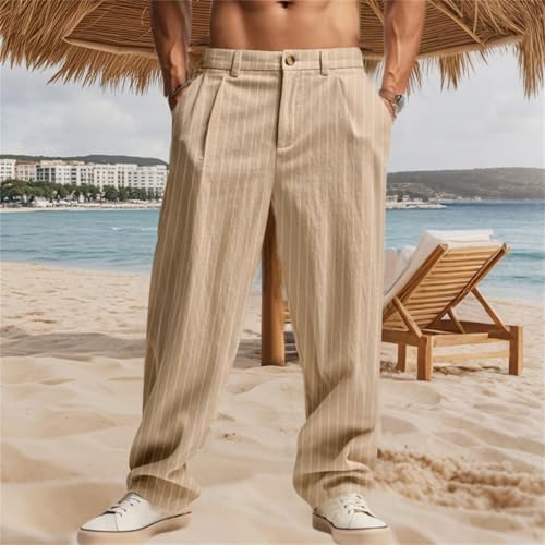 Casual Dressy Pants for Men Linen Striped Straight Leg Suit Trousers Waist Button Baggy Breathable Pants with Pockets2