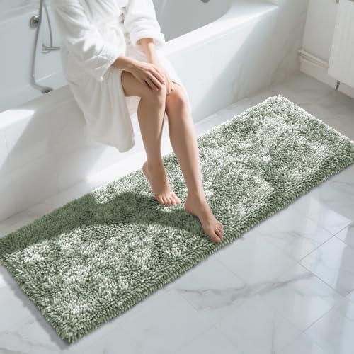 Image of Yimobra Long Bathroom Rugs Runner 70x24 Inch, Extra Thick Soft Absorbent Chenille Bath Mat, Non Slip Machine Washable, Quick Dry Bath Rugs for Bathroom Floor, Tub and Shower, Sage Green