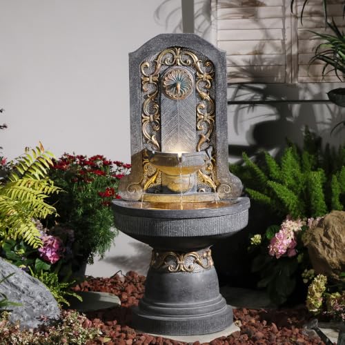 Image of Bumilgar Outdoor Wall Fountain with LED Lights, 49.8 inch H Freestanding Gilded Fleur-de-Lis European Resin Standing Waterfall Feature, European Resin Flat Back Yard