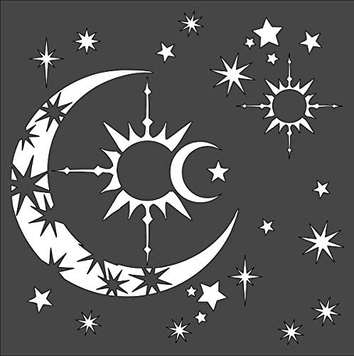 Moon Stars Logo Stencil Reusable Sturdy Flexible Clear Plastic 1-8x8 in Arts and Crafts Material Scrapbooking for Airbrush Painting Drawing