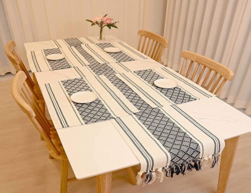 Image of ALSTONIA Cotton Table Runner -Pack of 5 The Style of Our Table Linen and Dining Rooms and Eating Areas (Blue, 1 PCS Runner 4 PCS PLACMENT)