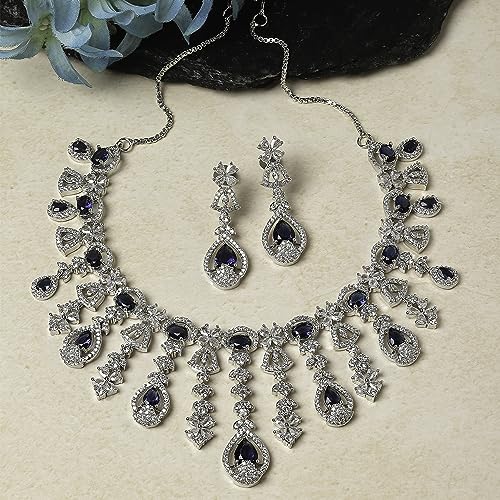 Image of ZENEME Rhodium-Plated Silver-Toned Emerald-Cut American Diamond Floral Link Necklace Set with Pear Drop Earrings for Women & Girls
