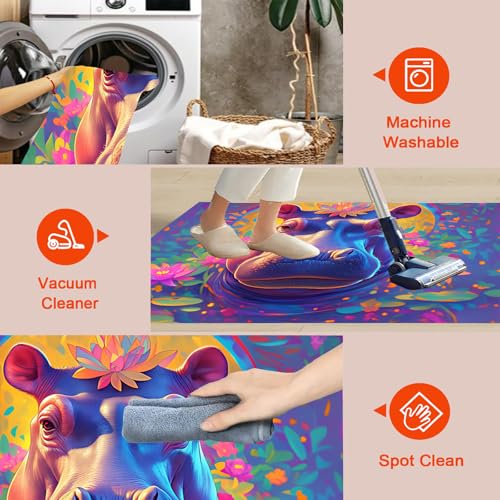Tapis lavable antidérapant bleu et violet visage hippopotame