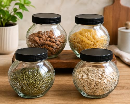 Image of Designer Transparent Glass Storage Jar with Black Plastic Airtight Lid, 900 ML Food Grade Kitchen & Pantry Storage Container, Size 8 X 14 X 14 cm, Ideal for Pulses, Dry Fruits, Pack Of 4