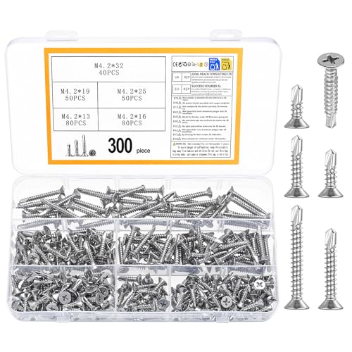 300 PcsTornillos Autotaladrantes, M4,2 Tornillos Roscachapas de acero inoxidable, Tornillos Autorroscantes para Metal, madera, plástico, Tejado Chapa Trapezoidal Chapas Metalicas(32/25/19/16/13 mm)