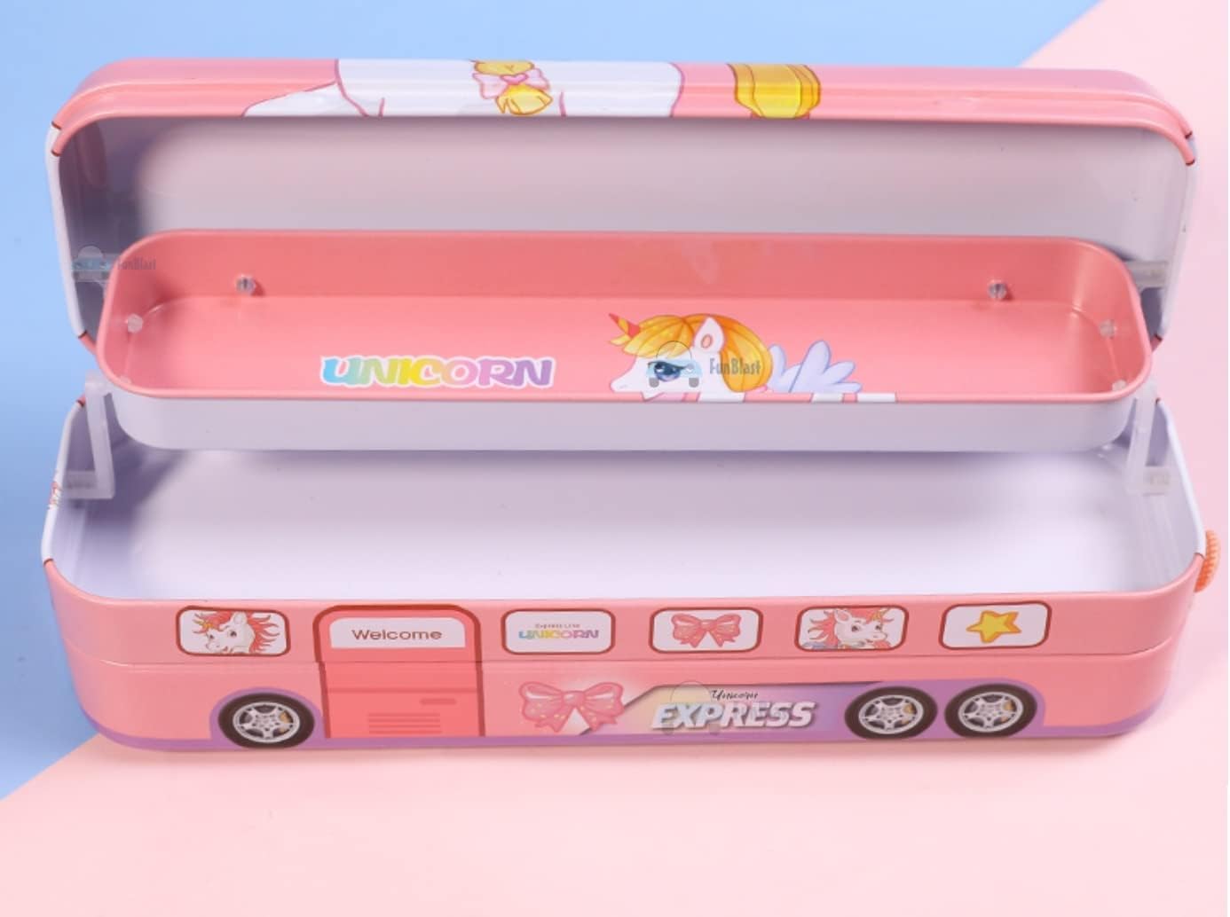 JAPSI Unicorn Design Double Decker Bus Pencil Box, Metal Case with Wheels, Pink 1