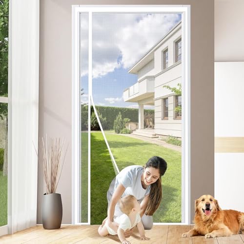 Ventana de puerta con pantalla magnética, 90x210cm Blanco Cortina antimoscas contra insectos y mosquitos para puerta de entrada interior/patio