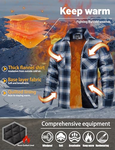 Image of TACVASEN Men's Flannel Shirt Quilted Lined Theraml Winter Coat Button Down Insulated Flannel Shirts Jacket