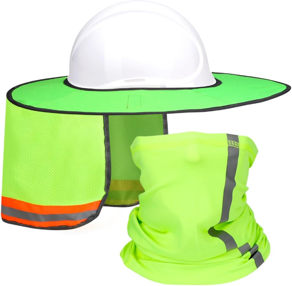 Hard Hat Sun Shade with Full Brim Visor, Shield Your Neck from Sun, Men's Construction Accessories for Hardhat Hats UV Sunshade Helmet Attachment with Reflective Strip, 2 pcs Set