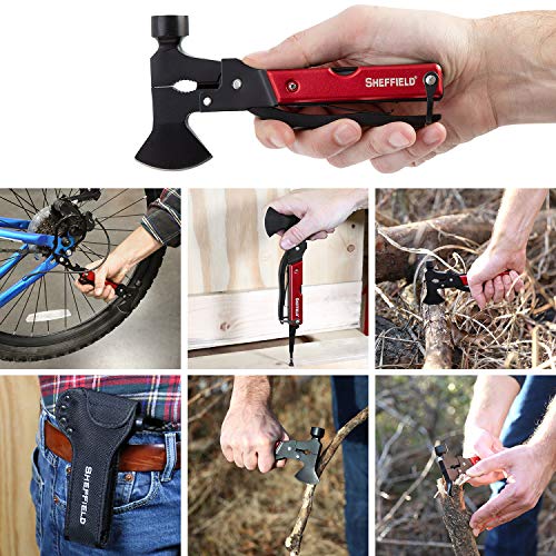 Sheffield 12138 14-In-1 Hatchet Multitool, Camping Hatchet Comes With 1680D Polyester Hatchet Sheath, Alloy Steel Camping Hammer Multitool, Great Hiking Gifts, Red #TOP6