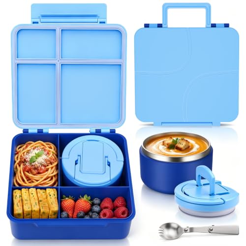 MAXSO Bento Lunch Box Set for Kids with 8 oz Soup Thermo, Leakproof Hot Food Container with 4 Compartments, Insulated Food Jar for Toddler Daycare Boys Girls School - Blue by MAXSO - Used condition - US$20.35