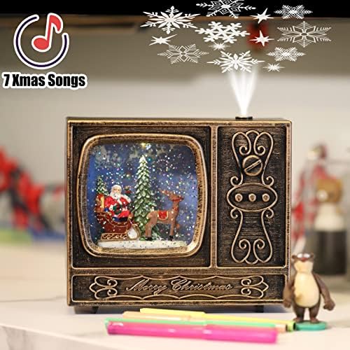 LHYCS Christmas Snow Globe Musical Box with Snowflake Projection, Battery Operated & USB Powered Spinning Water Glitters Lighted Vintage TV Snow Globes, Xmas Gift Decor