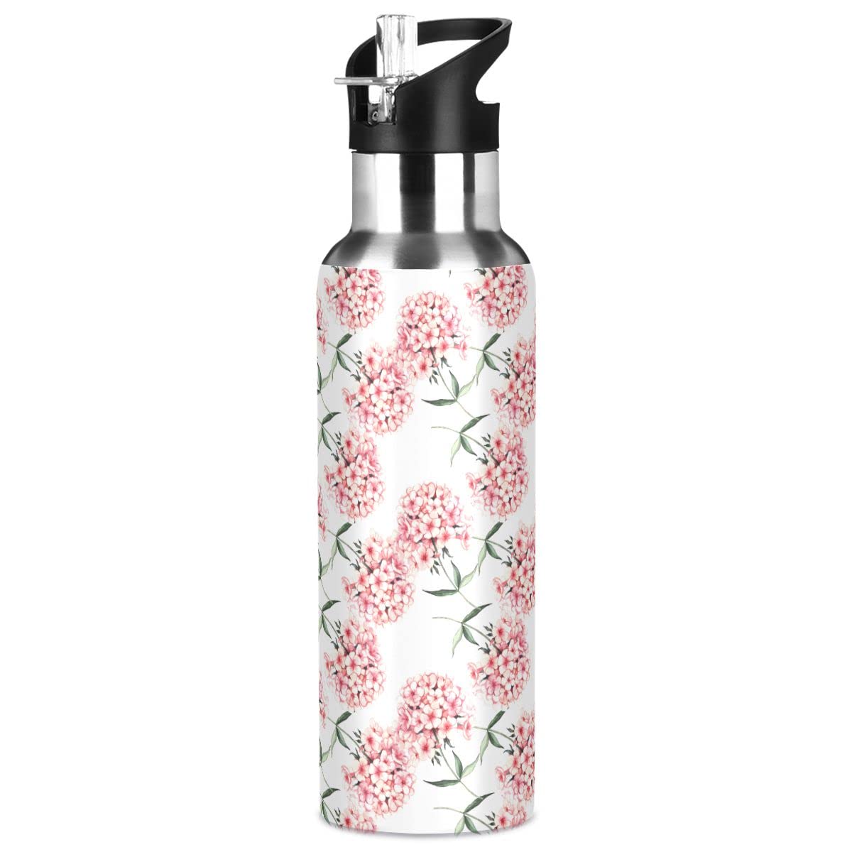 Edelstahl-Wasserflasche mit Strohhalm, Aquarell Oleander Pfirsichblüte Blume Isolierte Trinkflasche Sport Wasserflasche für Kinder Erwachsene, auslaufsicher, 1 l