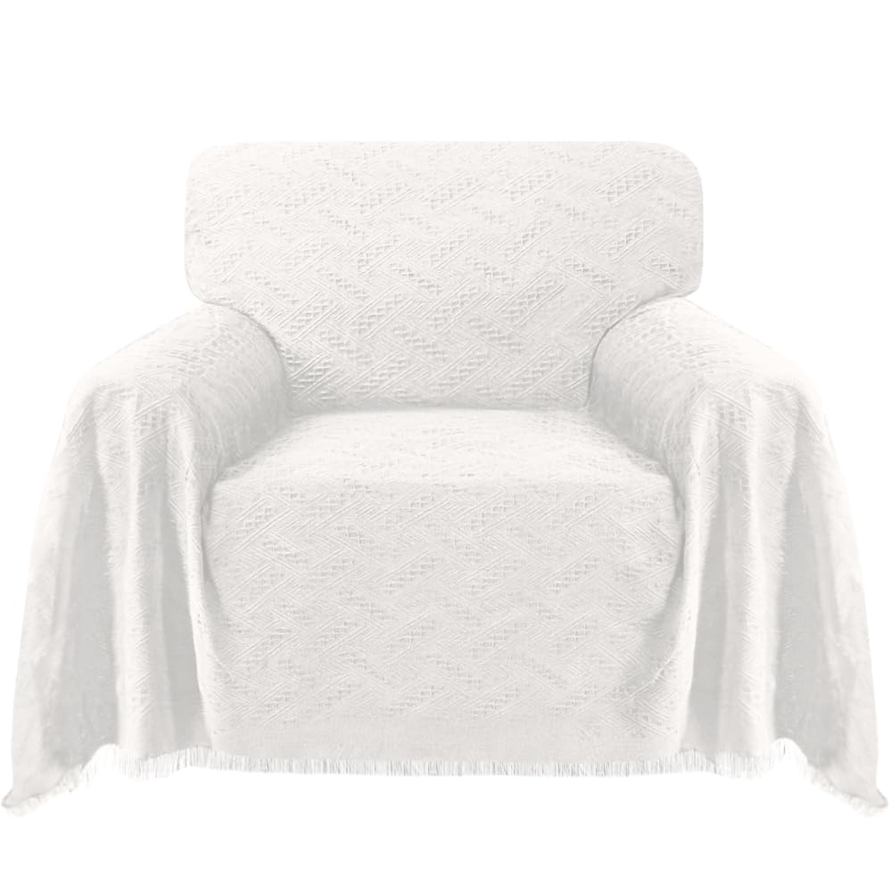 Turquoize Cotton Sofa Cover - White Couch Protector - Washable Sectional Sofa Couch Covers for Dogs - Geometrical Woven Jacquard Fabric (71"x91",